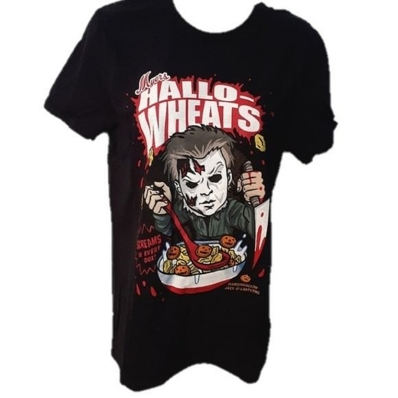 *NEW* HALLOWEEN Michael Myers "Hallo-Wheats" Cereal Parody Black T-shirt Small - Picture 1 of 3
